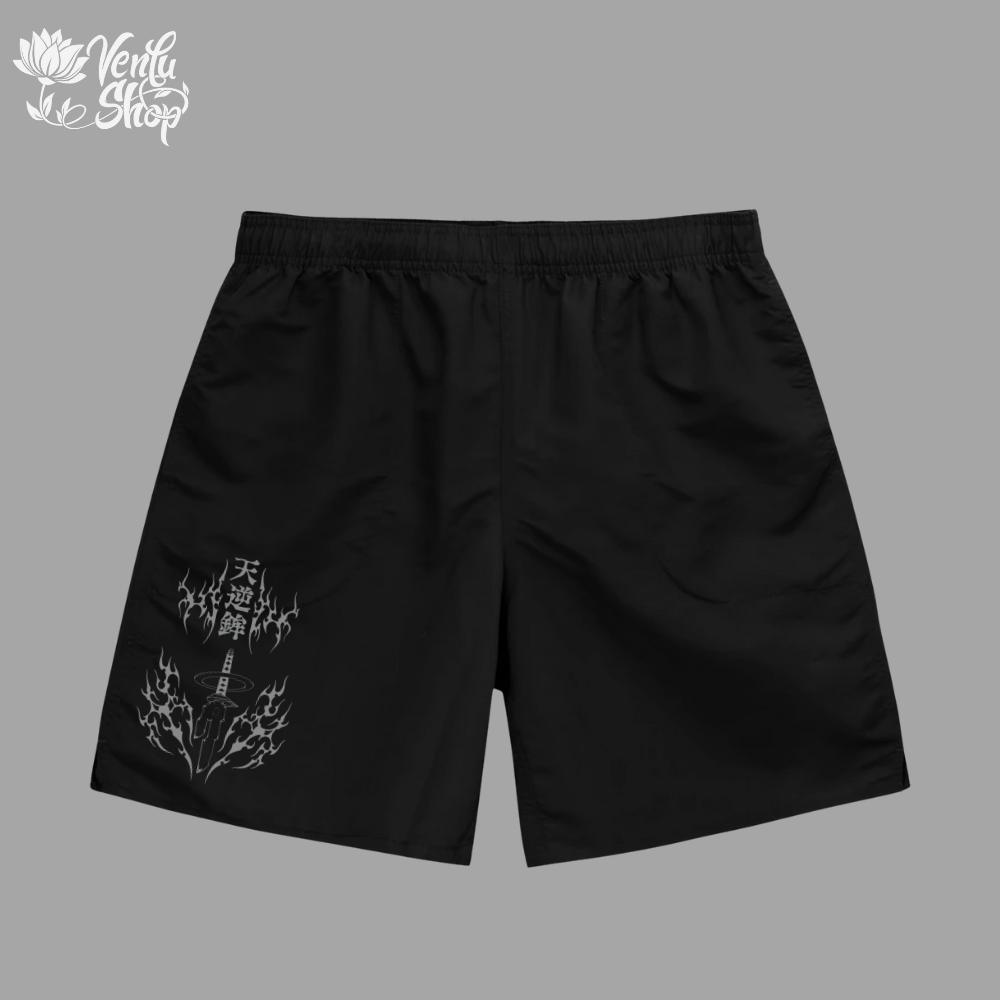 Toji anime-inspired Black shorts with white floral design on a gray background