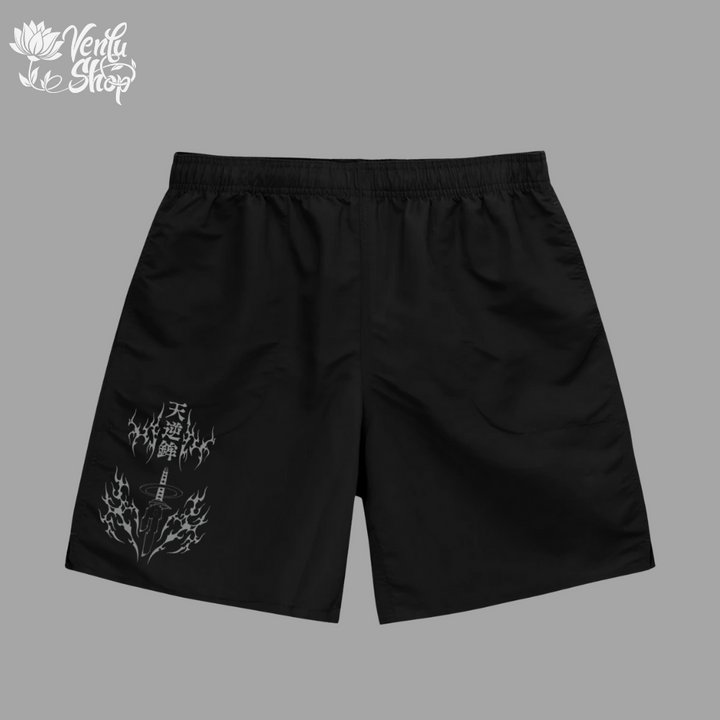 Toji anime-inspired Black shorts with white floral design on a gray background