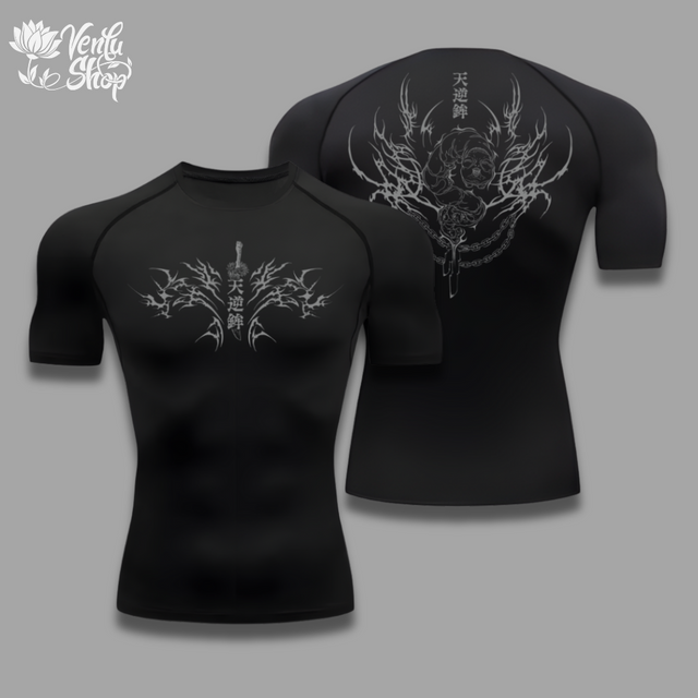 Toji Fushiguro anime-inspired Black t-shirt with white tribal design on a gray background
