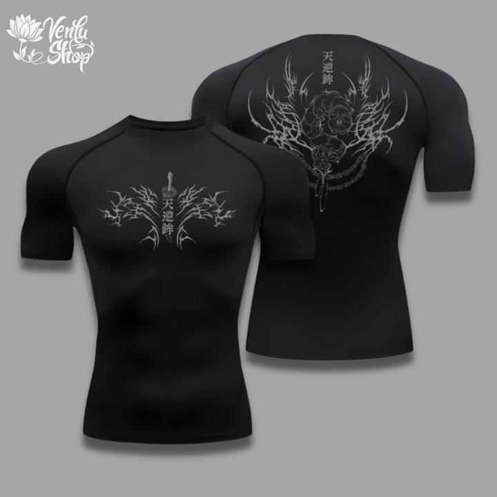 Toji Fushiguro anime-inspired Black t-shirt with white tribal design on a gray background
