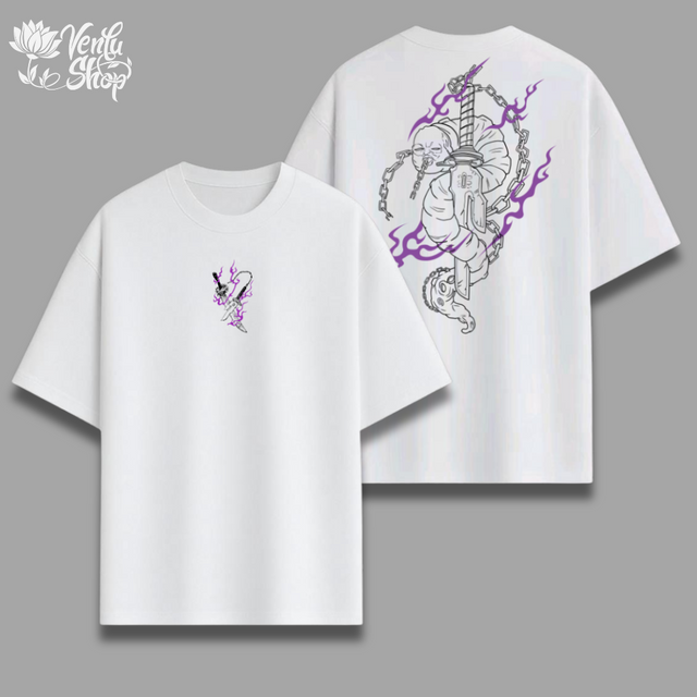 Toji anime-inspired White t-shirt with purple and black designs on a gray background