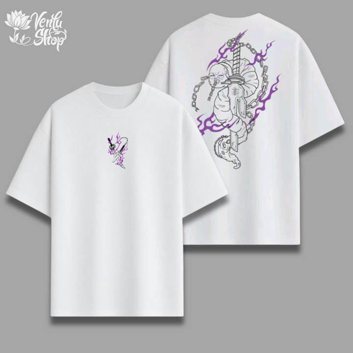 Toji anime-inspired White t-shirt with purple and black designs on a gray background