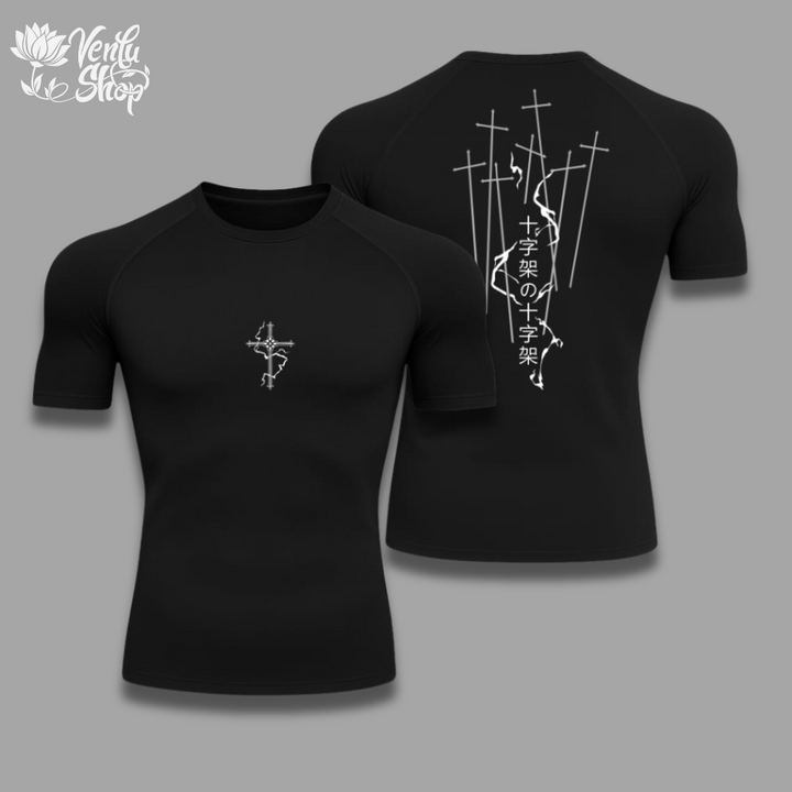Uruma anime-inspired  Black t-shirt with white designs on a gray background