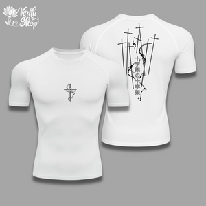Uruma anime-inspired White t-shirt with black cross design on a gray background