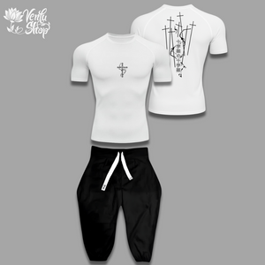 Uruma anime-inspired White t-shirt with black designs and black pants on a gray background