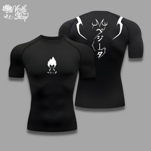Vegeta Compression Shirt A black short sleeve compression shirt with a graphic design on the back featuring a character from anime.