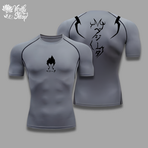 Vegeta Compression Shirt A black short sleeve compression shirt with a graphic design on the back featuring a character from anime.