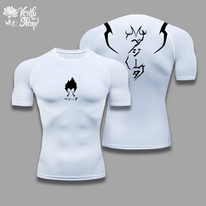 Vegeta Compression Shirt A black short sleeve compression shirt with a graphic design on the back featuring a character from anime.