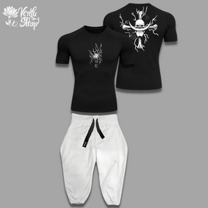 Whitebeard anime-inspired Black t-shirt with white graphic design and white pants on a gray background