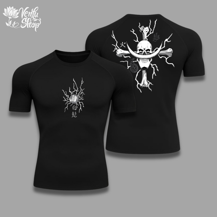 Whitebeard anime-inspired Black t-shirt with white graphic design on a gray background