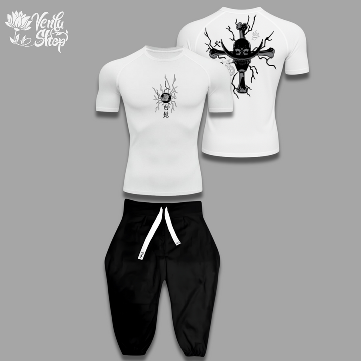 Whitebeard anime-inspired White t-shirt with black graphic design and black pants on a gray background