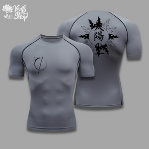 A white short sleeve compression shirt with a minimalistic design on the front and an anime styled graphic on the back.