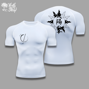  Yoriichi Compression Shirt  A white short sleeve compression shirt with a minimalistic design on the front and an anime styled graphic on the back.