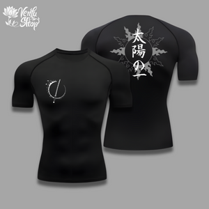  Yoriichi Compression Shirt  A white short sleeve compression shirt with a minimalistic design on the front and an anime styled graphic on the back.