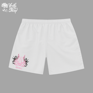 Yuji anime-inspired White shorts with pink floral design on a gray background