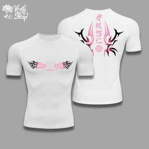 Yuji anime-inspired White t-shirt with black and pink tribal designs on a gray background