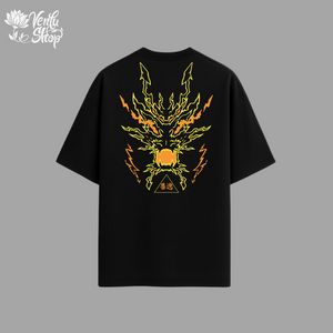 Zenitsu anime-inspired Black t-shirt with a dragon design on the back against a gray background