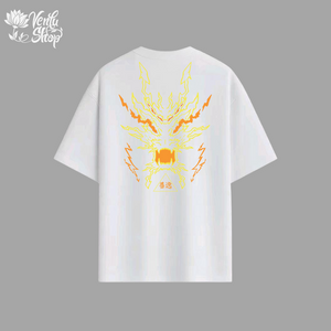 Zenitsu anime-inspired White t-shirt with orange and yellow graphic design on a gray background