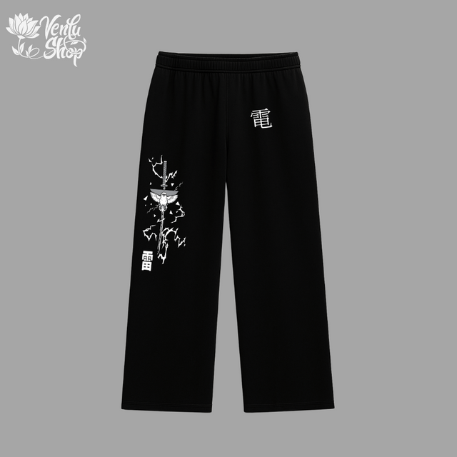 Zenitsu anime-inspired Black pants with white designs and text on a gray background
