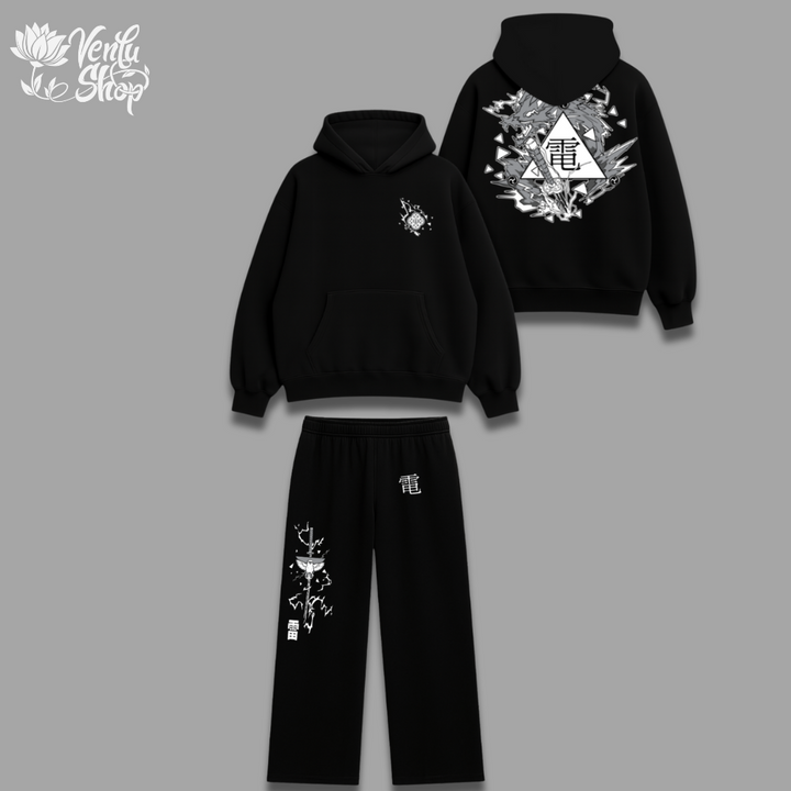 Zenitsu anime-inspired Black hoodie and pants set with white designs on a gray background, featuring the Verda Hop brand.