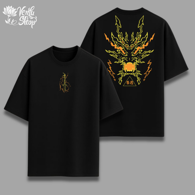 Zenitsu anime-inspired Black t-shirt with front and back designs on a gray background, featuring a brand logo.