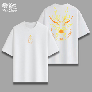 Zenitsu anime-inspired White t-shirt with yellow and orange designs on a gray background