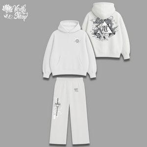 Zenitsu anime-inspired White hoodie and pants set with graphic designs on a gray background, featuring the Verda Hop brand.