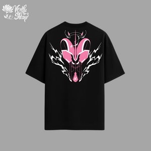 Black t-shirt with pink and white graphic design on a gray background