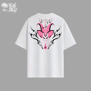 White t-shirt with pink and black graphic design on a gray background