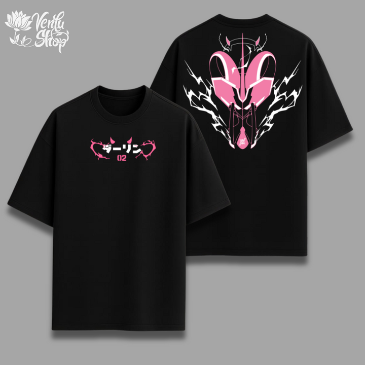 Black t-shirt with pink and white graphic design on a gray background