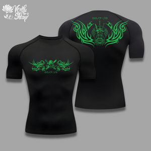 Zoro anime-inspired Black t-shirt with green tribal designs on a gray background