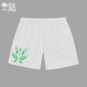 Zoro anime-inspired White shorts with green tribal design on a gray background