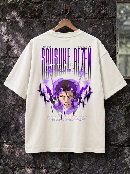 Aizen white oversized shirt with its back print on a wooden hanger against a dark stone wall
